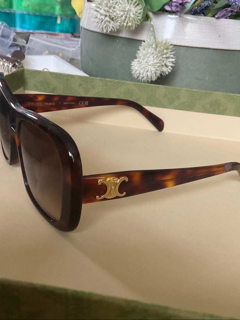Celine Tortoiseshell Square Sunglasses with Gold Logo - Picture 4 of 9